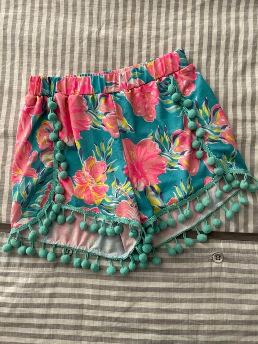 Simply Southern Floral Pom-Pom Shorts - Teal & Pink